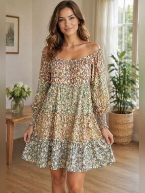 Storia Vici Babydoll Tiered Floral Print Bohemian Dress Medium